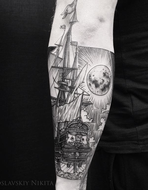 Traditional Boat tattoo black and white