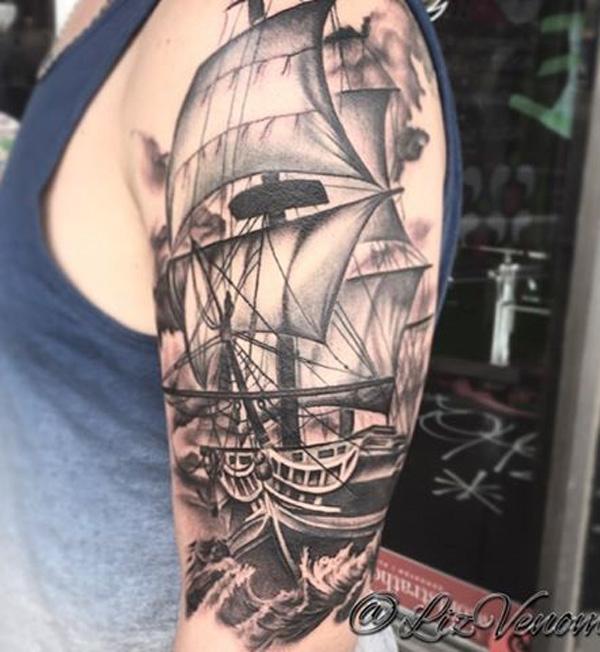 Tall ship sleeve tattoo black and grey