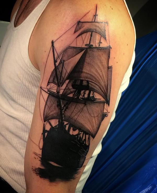 Sailboat silhouette half sleeve tattoo