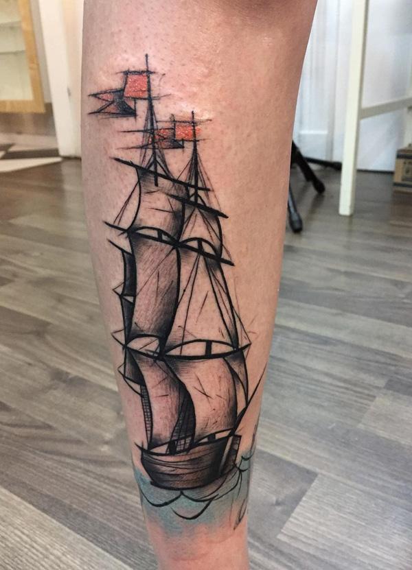 Sail boat sketch calf tattoo
