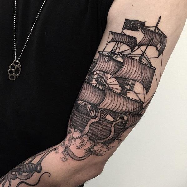  Sailor Jerry pirate ship arm tattoo 