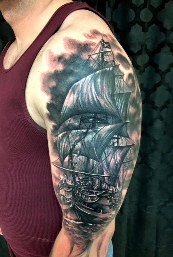 Black and white ship half sleeve tattoo