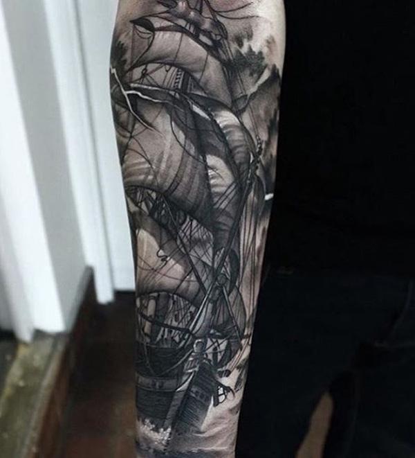 Forearm ship tattoo black and white