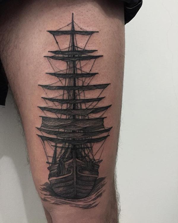 Tall ship thigh tattoo for men