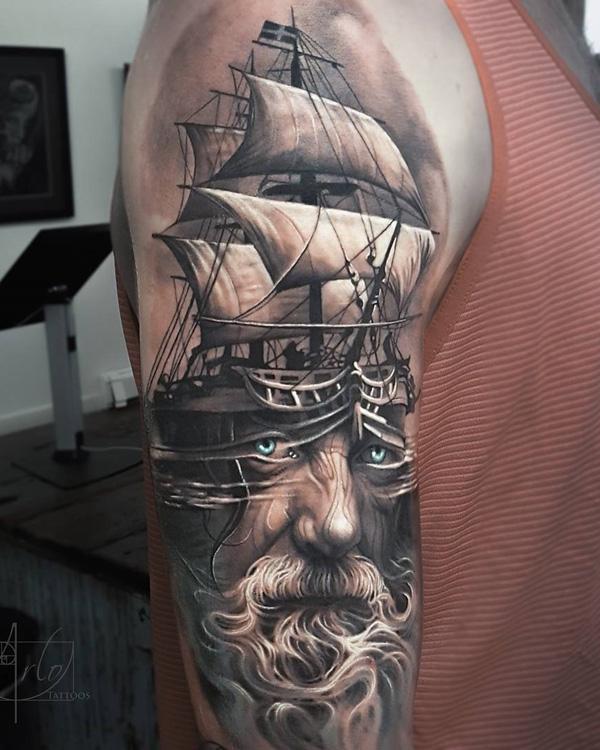 Sailor Jerry ship tattoo black and grey