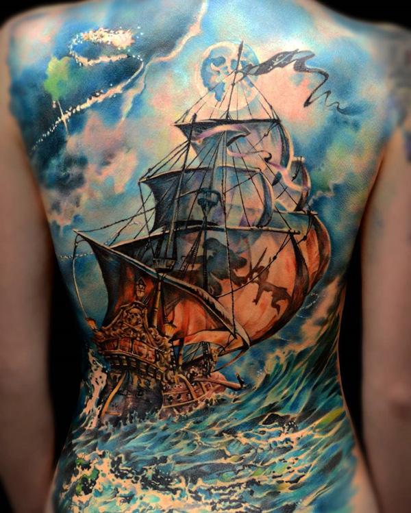 Colored boat full back tattoo-81