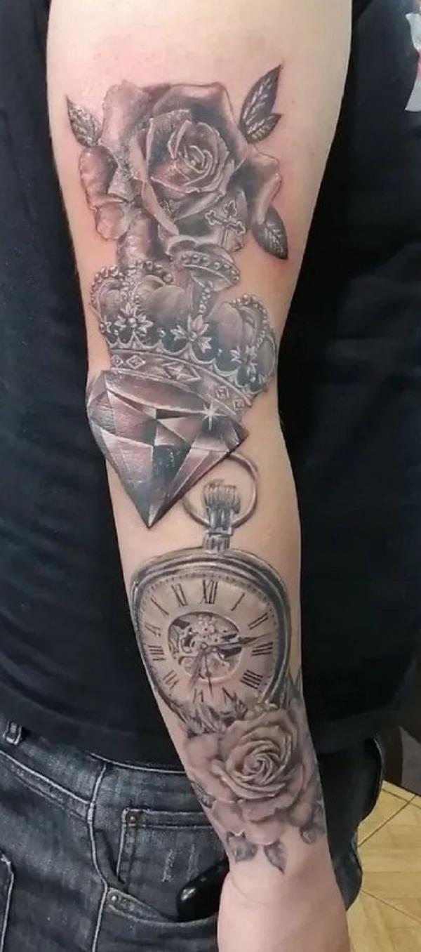 Crown diamond watch with roses sleeve tattoo