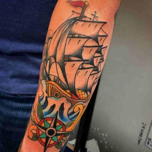 Neo traditional pirate ship tattoo