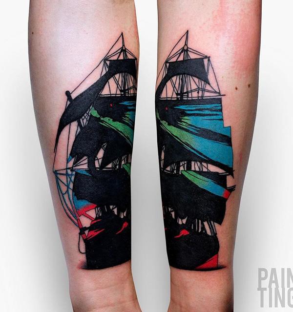 Painting style boat tattoo 