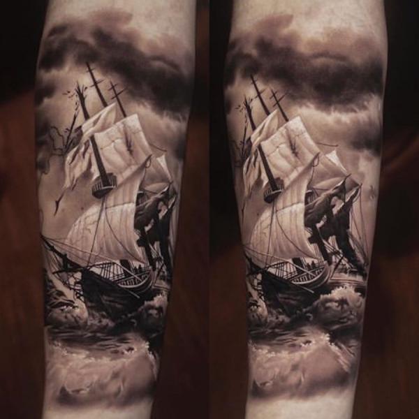 Realistic sinking ship tattoo