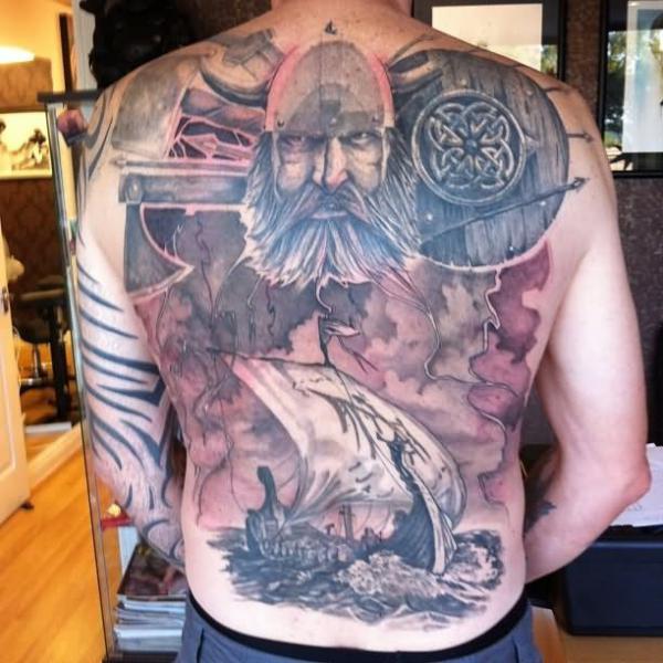 Warrior viking and viking ship tattoo