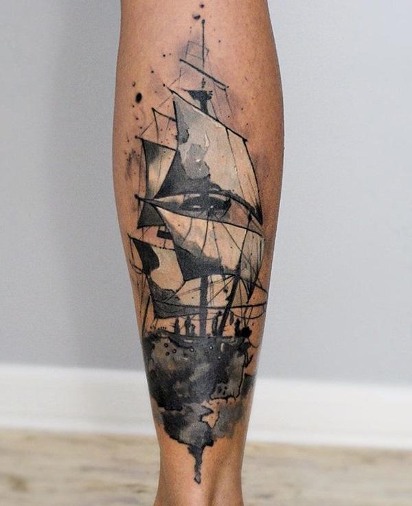 Watercolor boat calf tattoo-79