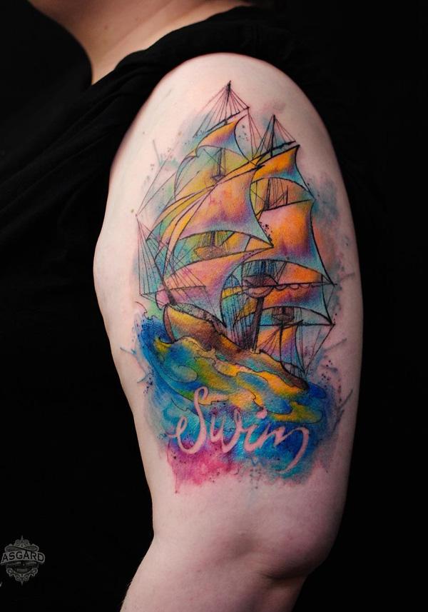  Watercolor sailing boat half sleeve tattoo