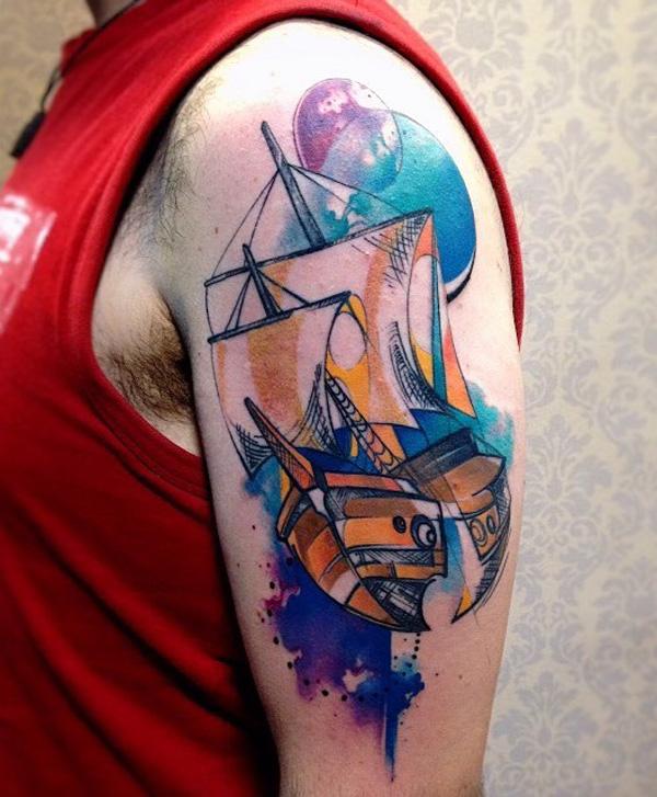 Watercolor boat arm tattoo