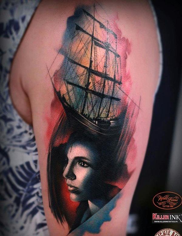 Watercolor boat with portrait tattoo for women-71