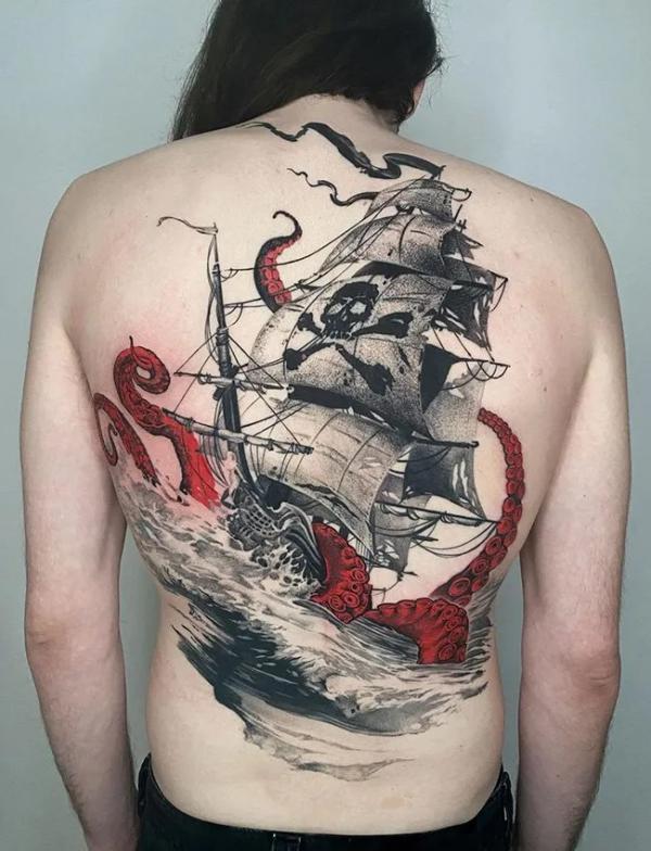 black pearl ship and squid back tattoo