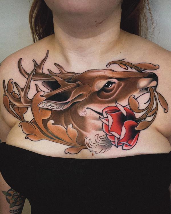 Neo traditional deer and rose chest tattoo