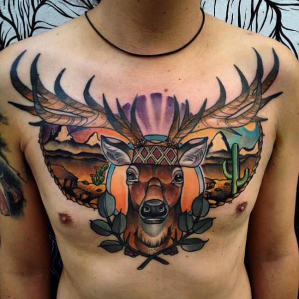 Neo traditional deer chest tattoo
