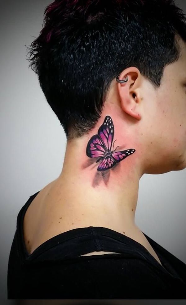 Purple 3d butterfly neck tattoo
