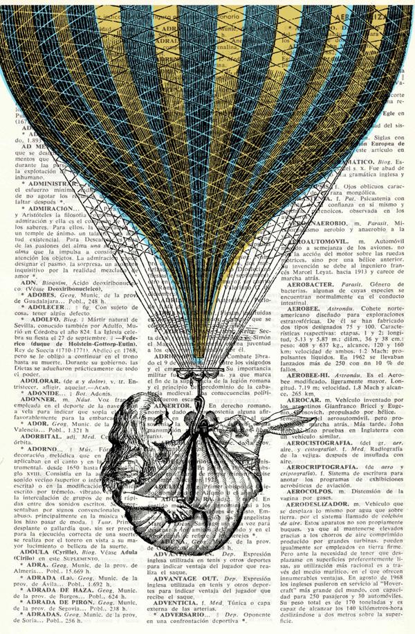 Alice in Wonderland Dictionary Book Print - Alice's (and White Rabbit's) Balloon Ride Collage Print on Vintage Dictionary Book art