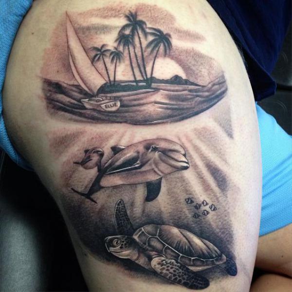 Beach dolphin and sea turtle tattoo