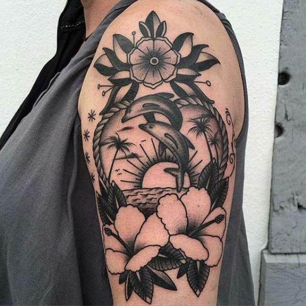Beach dolphon and hibiscus black and white traditional tattoo