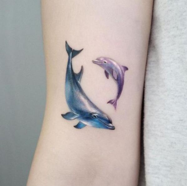 Colored dolphin mother and baby tattoo