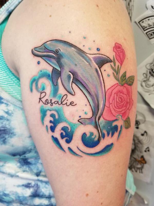 Dolphin wave and rose tattoo with name