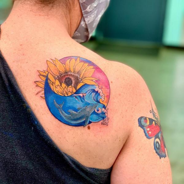 Dolphin wave and sunflower yin yang tattoo