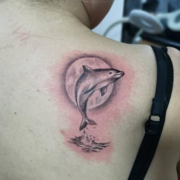 Jumping Dolphin and moon Tattoo