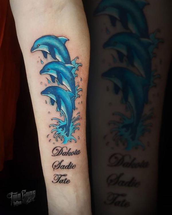 Three dolphin tattoo with names