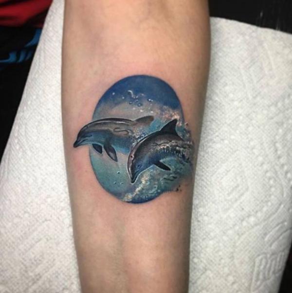 Two dolphin jumping out of the earth