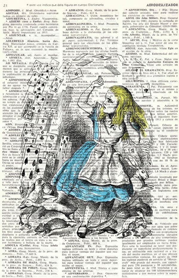 Vintage Book Print Alice in Wonderland alice with deck of cards