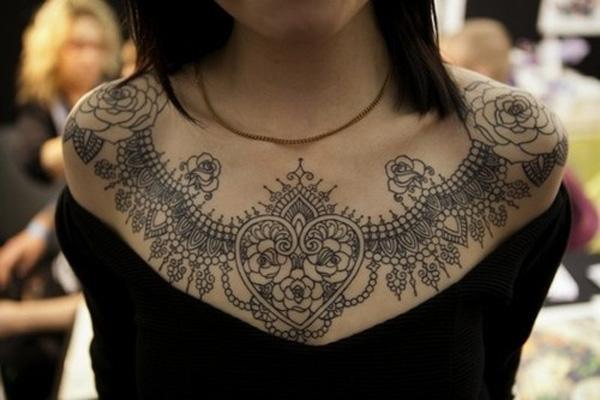 Lace Tattoo on Chest Floral lace Collar tattoo