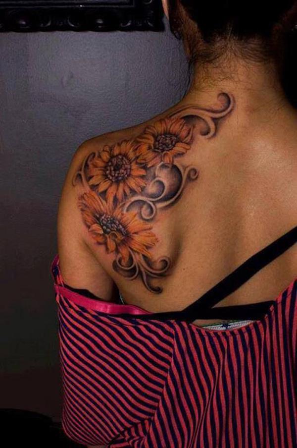 Black Sunflower Tattoo On Girl Right Front Shoulder