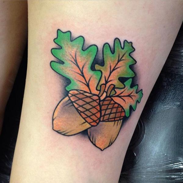 Acorn and green Oak Leaves tattoo