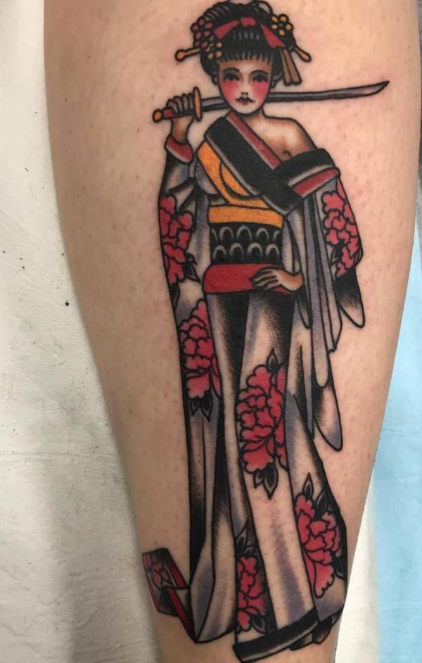 American traditional geisha warrior with sword tattoo