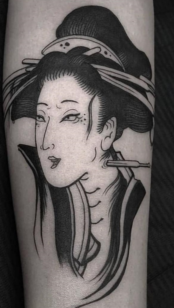 Black and white geisha portrait tattoo