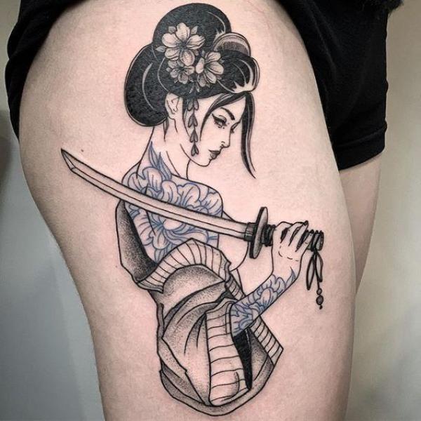 Black and white geisha samurai thigh tattoo
