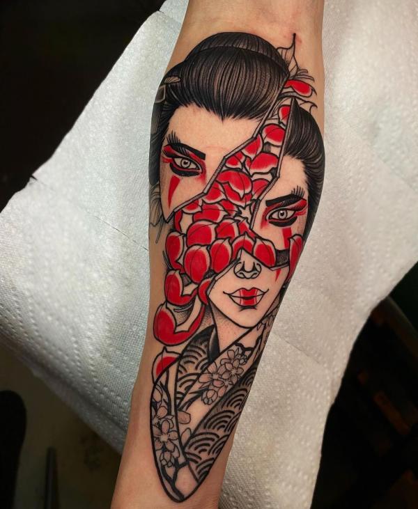 Broken geisha face and chrysanthemum tattoo