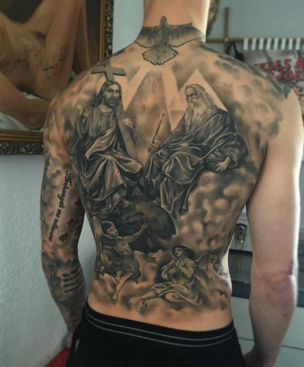 Christ carrying a cross with his disciple in heaven