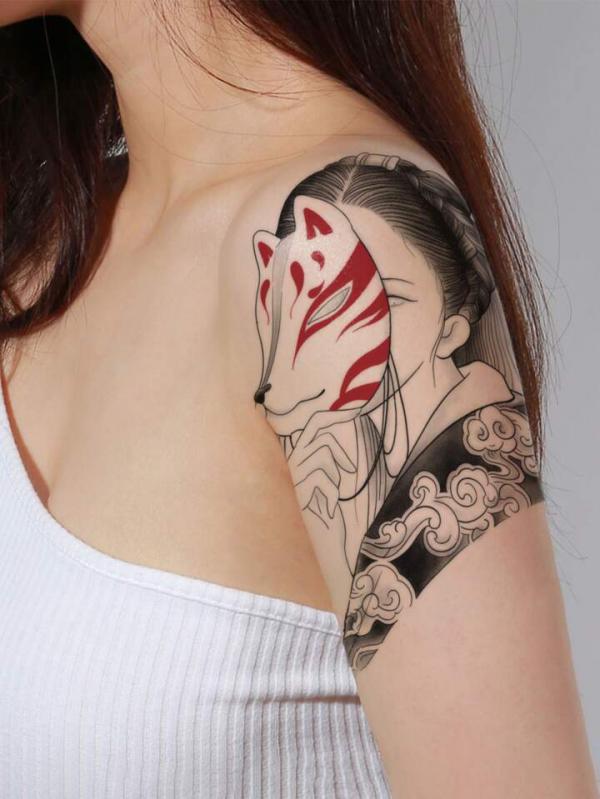 Dainty geisha with Kitsune mask tattoo for girl