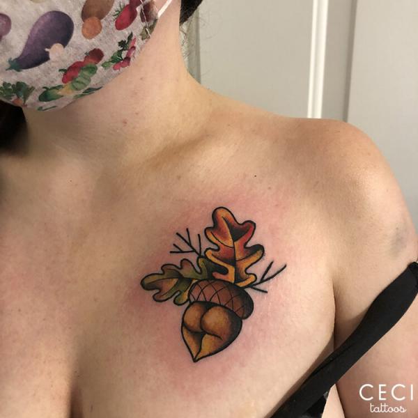 Fall Acorn and Oak Leaves chest tattoo
