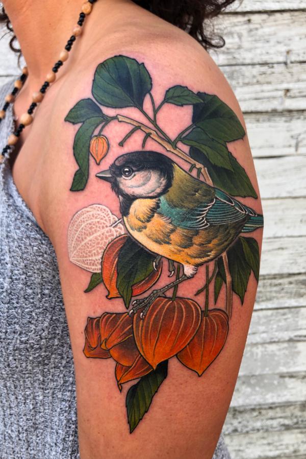 Fall sparrow and Chinese lantern tattoo