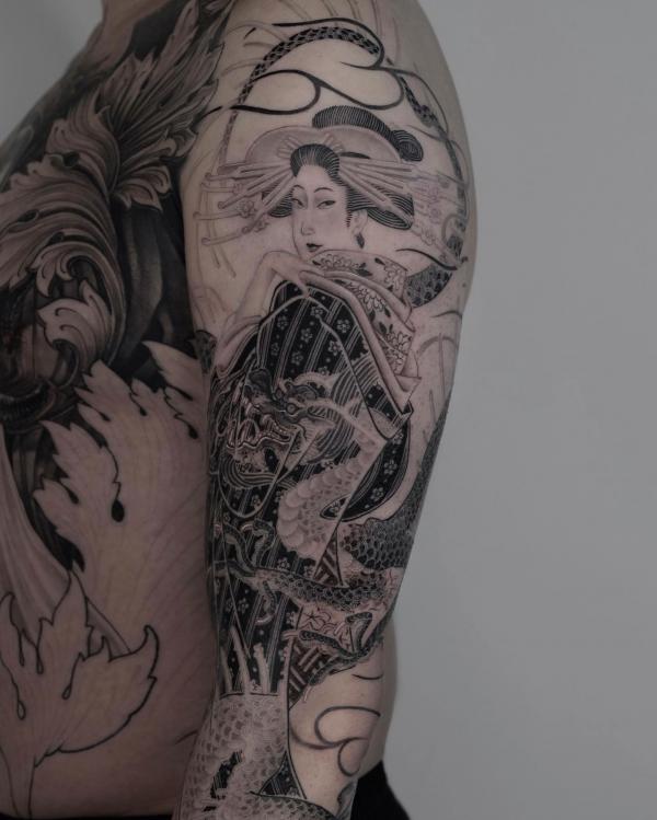 Geisha and dragon tattoo half sleeve