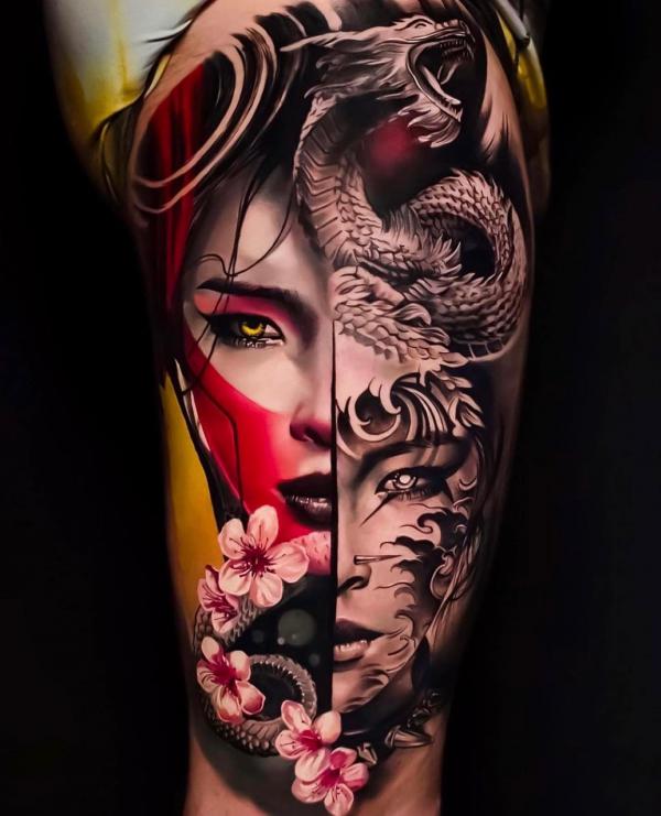 Geisha face and dragon tattoo