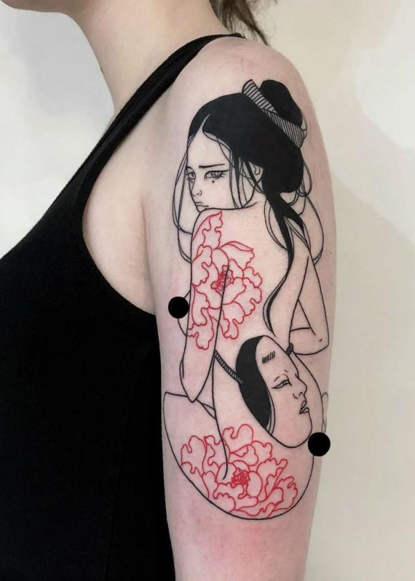 Geisha fine line half sleeve tattoo
