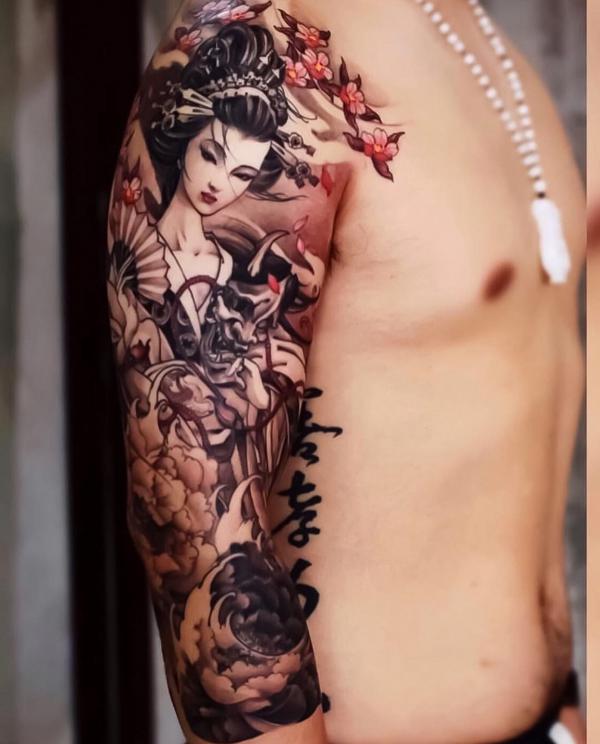 Geisha holding hannya mask tattoo sleeve