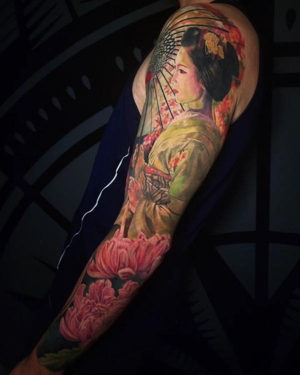 Geisha lady and chrysanthemum tattoo sleeve