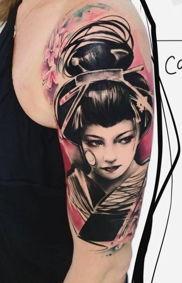 Geisha lady quarter sleeve tattoo
